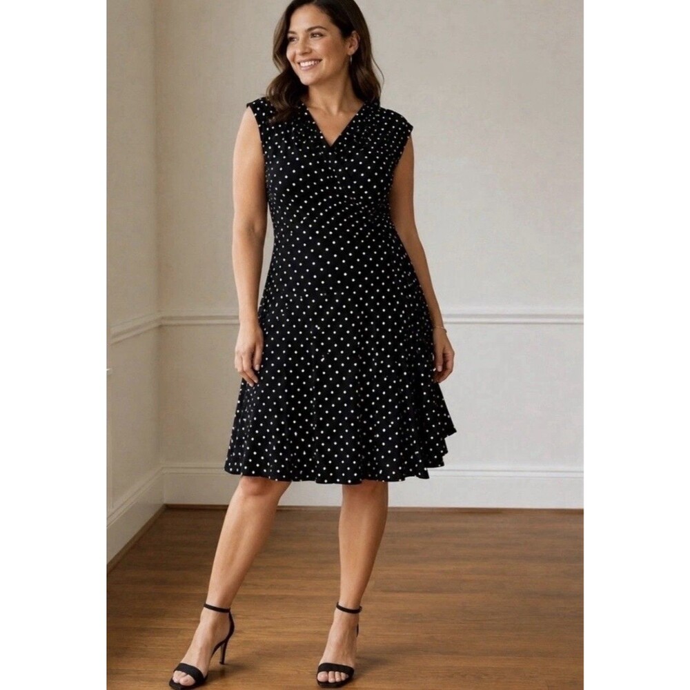 Lauren Ralph Lauren Black & White Polka Dot V Neck Midi Dress Size 14